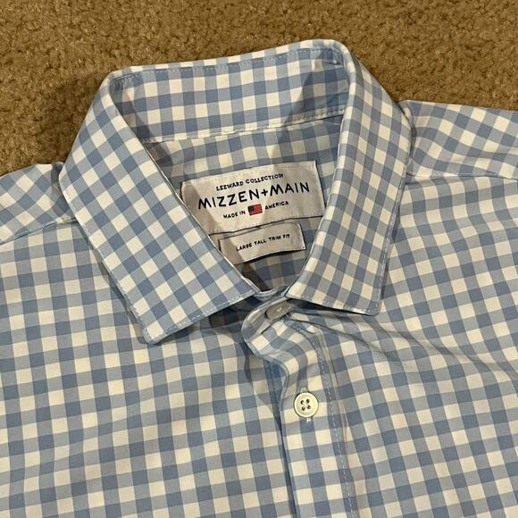 Mizzen + Main Mens Blue Check Plaid Long Sleeve Shirt Size Large Tall LT - Picture 3 of 5